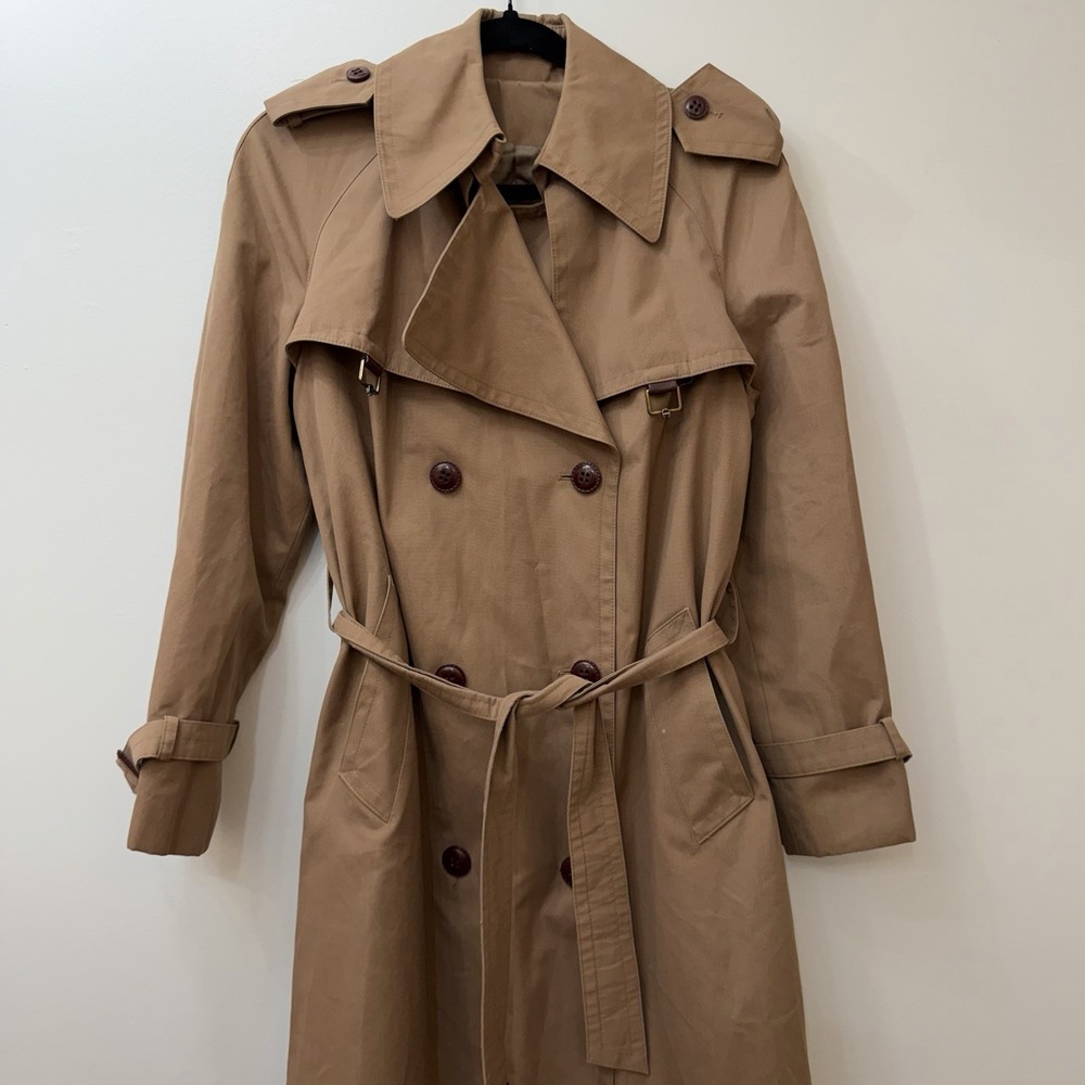 Etienne Aigner Vintage Double‎ Breasted Women's Trench Coat 8 Brown Leather Trim